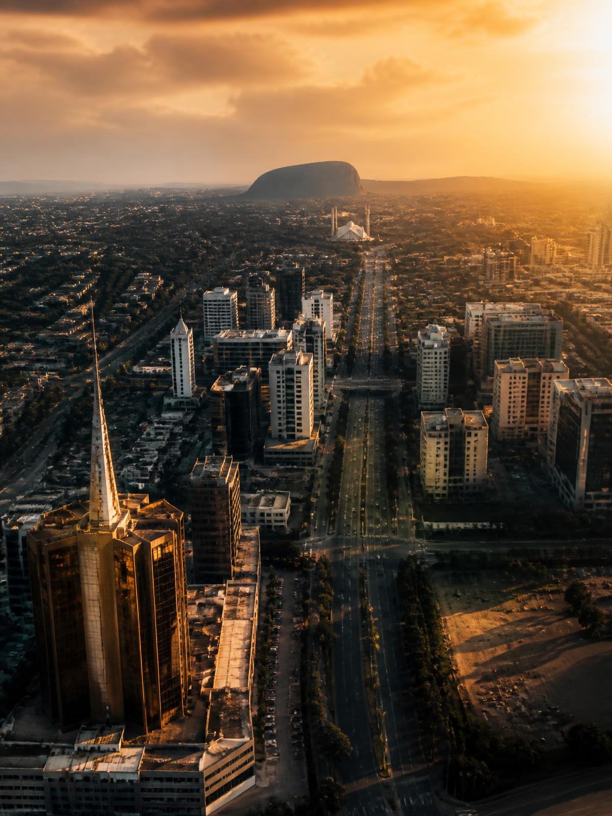 Cinematic aerial view of Abuja skyline at golden hour