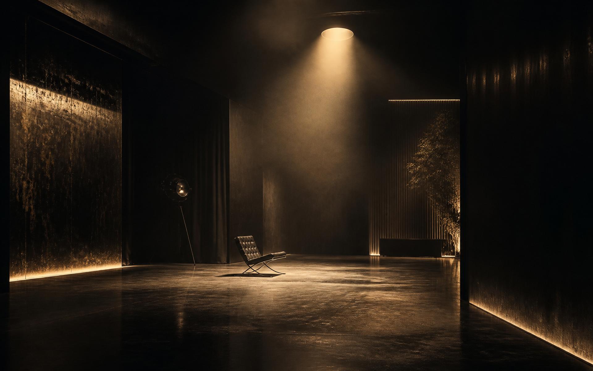 Empty luxury creative studio at night, dramatic gold light beam over a lone modernist chair