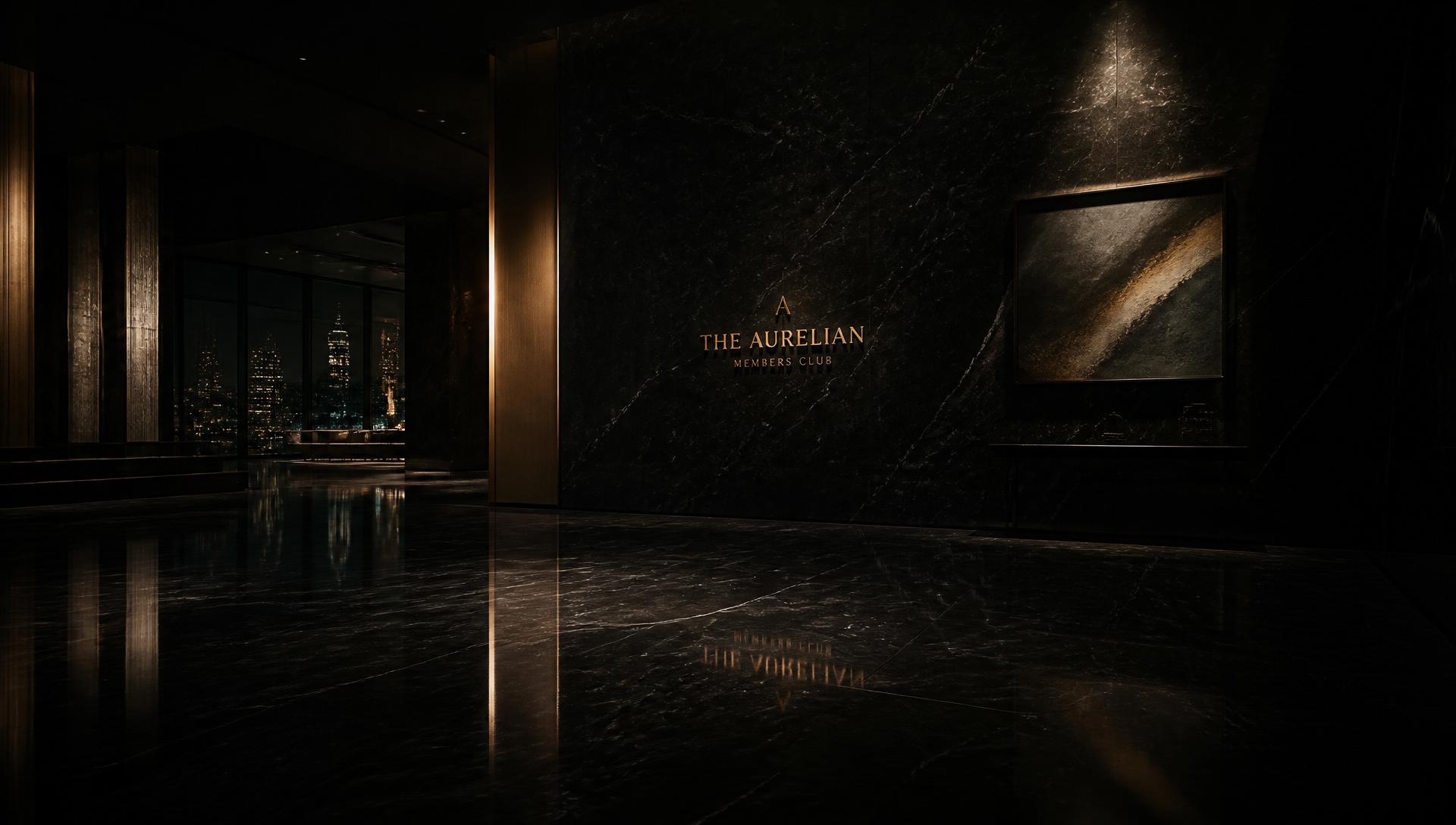 A dark marble luxury reception hall lit by a single lamp, with a gold nameplate on the wall